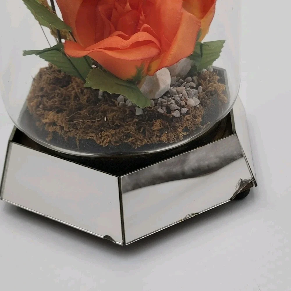Vintage Glass Dome Floral Cloche with Butterfly Dried & Orange‎ Faux Flowers